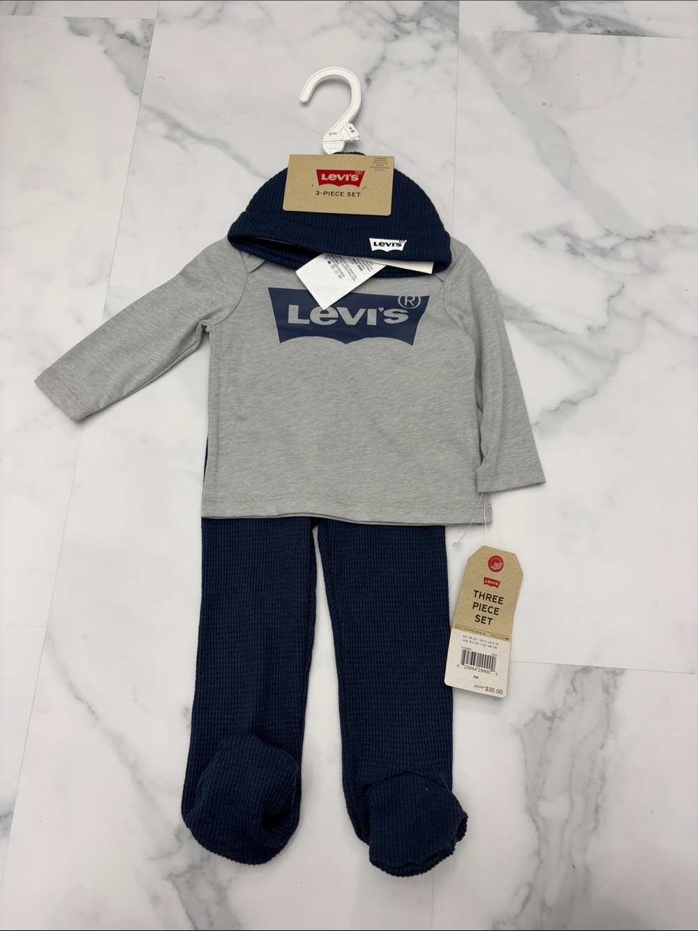 Levi's Baby Three-Piece Set - Light Gray Top & Navy Bottoms